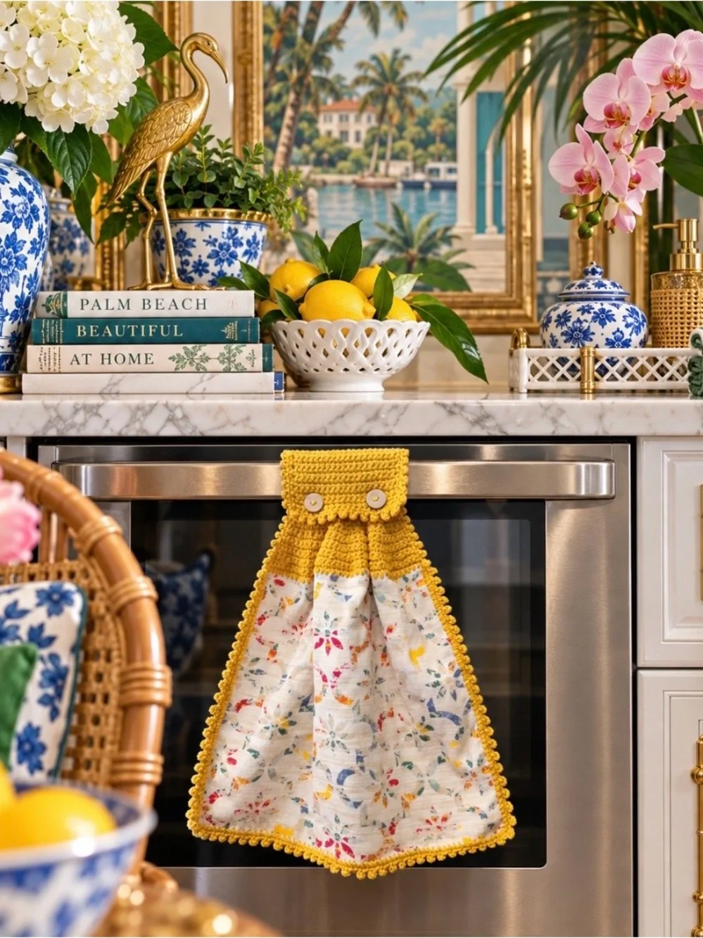 Handmade Crochet Hanging Kitchen Towel Mustard Gold Floral